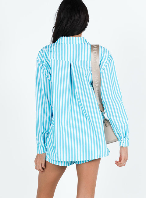 Matching set Striped print Classic collar Button front fastening Single-button cuff High waisted shorts  Drawstring waistband