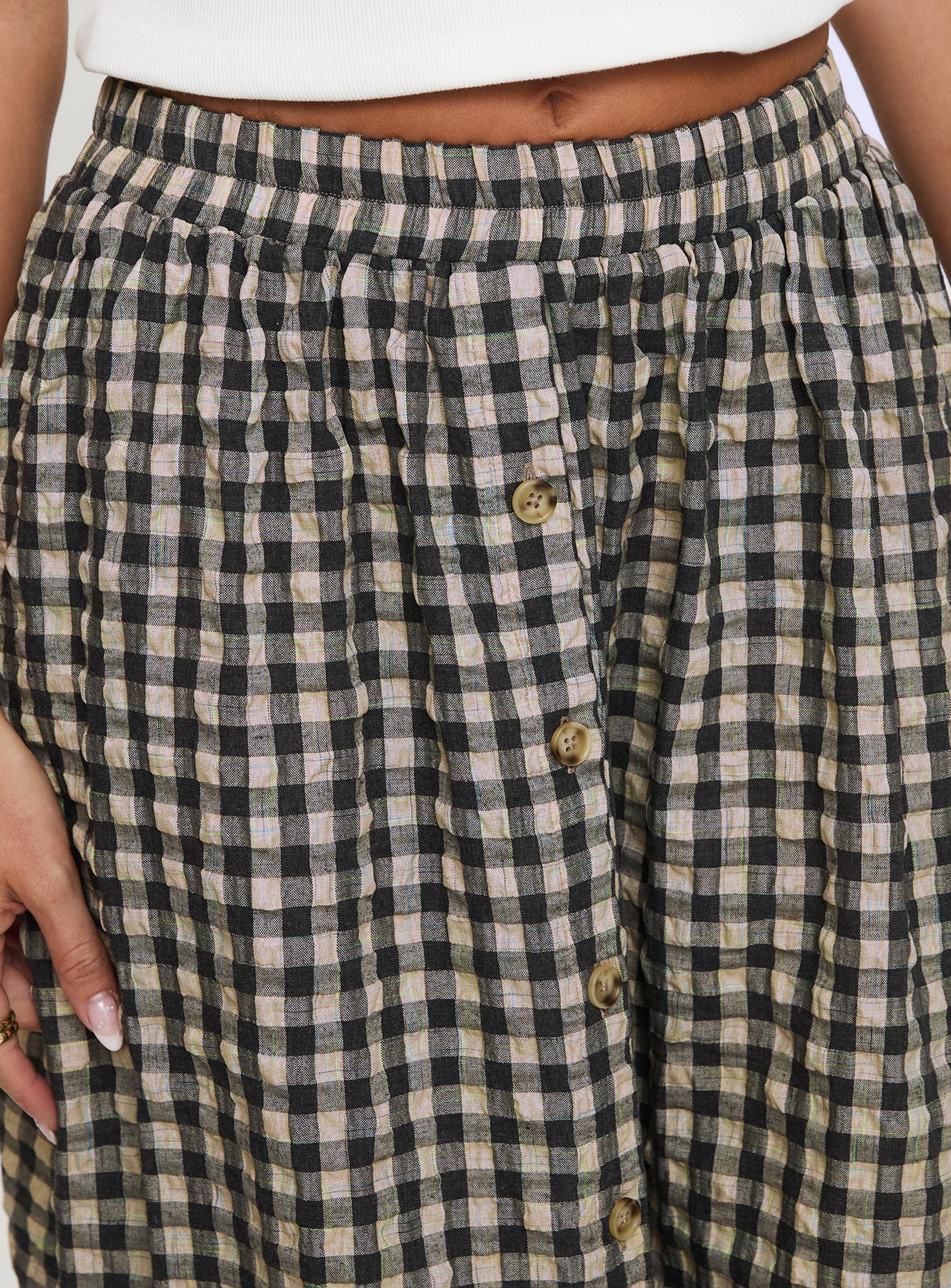 back view of model wearing Princess Polly Cartmel Check Maxi Skirt Black / Cream Maxi Skirts Skirts 