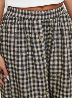 back view of model wearing Princess Polly Cartmel Check Maxi Skirt Black / Cream Maxi Skirts Skirts 