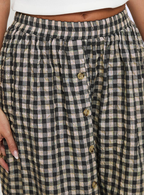 back view of model wearing Princess Polly Cartmel Check Maxi Skirt Black / Cream Maxi Skirts Skirts 