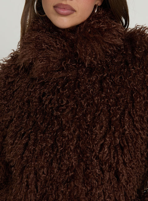 Kaiero Oversized Faux Fur Shag Jacket Brown