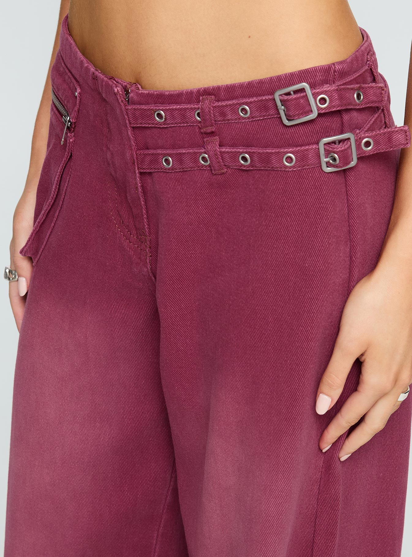 back view of model wearing Princess Polly Paltrow Mid Rise Wide Leg Cargo Jeans Washed Burgundy Mid Rise Jeans 