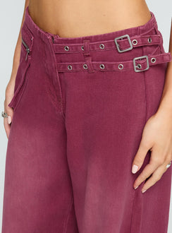 back view of model wearing Princess Polly Paltrow Mid Rise Wide Leg Cargo Jeans Washed Burgundy Mid Rise Jeans 