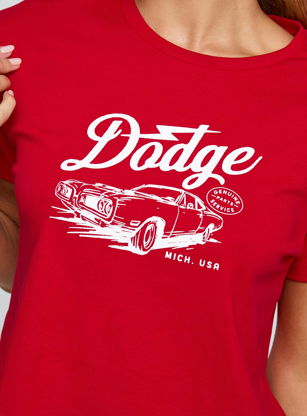 back view of model wearing Princess Polly Dodge Classic Graphic Top Red Short Sleeves Crew Neck 