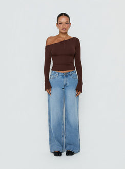 Kleoh Off Shoulder Long Sleeve Henley Top Brown