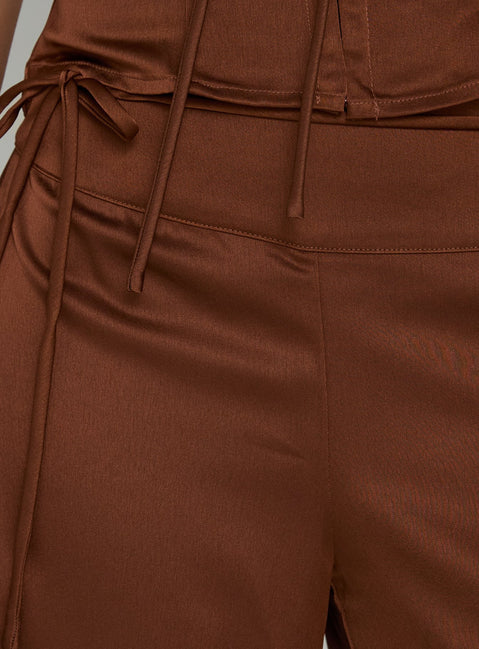 Crafted from Aubrette Satin Tie Pants Chocolate womens-regular-pants featuring high-rise wide-leg silhouette detail Princess Polly