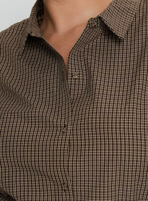 Xinia Tie Waist Long Sleeve Shirt Brown Check Curve