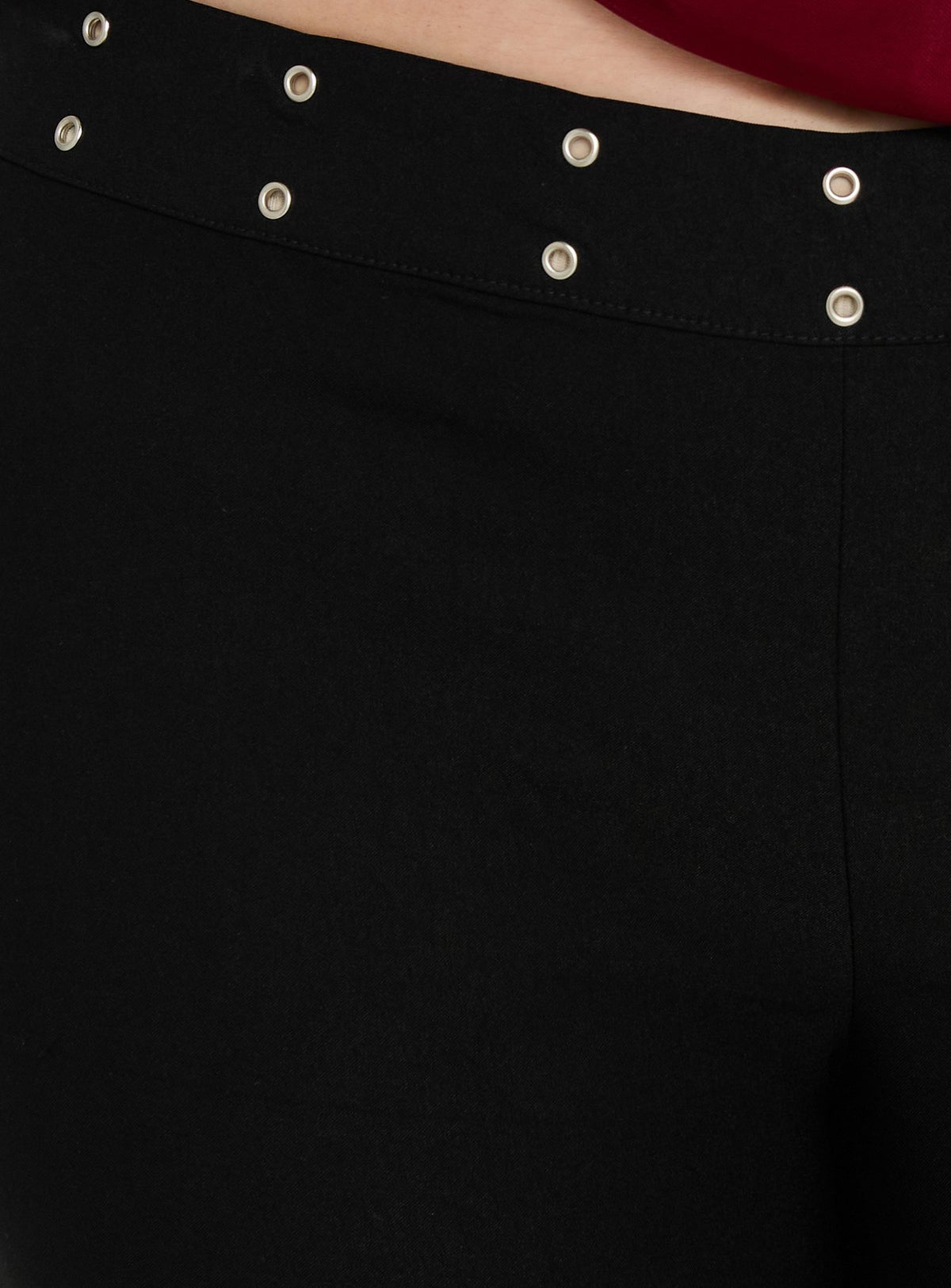 Discover the Yevina Eyelet Flare Pant Black Curve womens-regular-pants with mid-rise detail Princess Polly