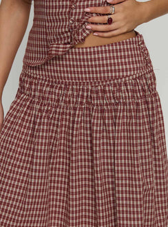   front view of model wearing Princess Polly Alixandra Ruched Midi Skirt Red Check Midi Skirts Skirts 
