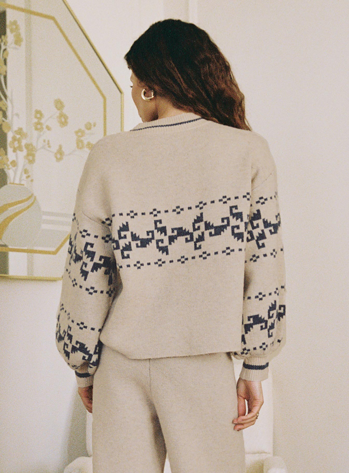 back view of model wearing Princess Polly Alpine Sweater Cream / Blue regular 