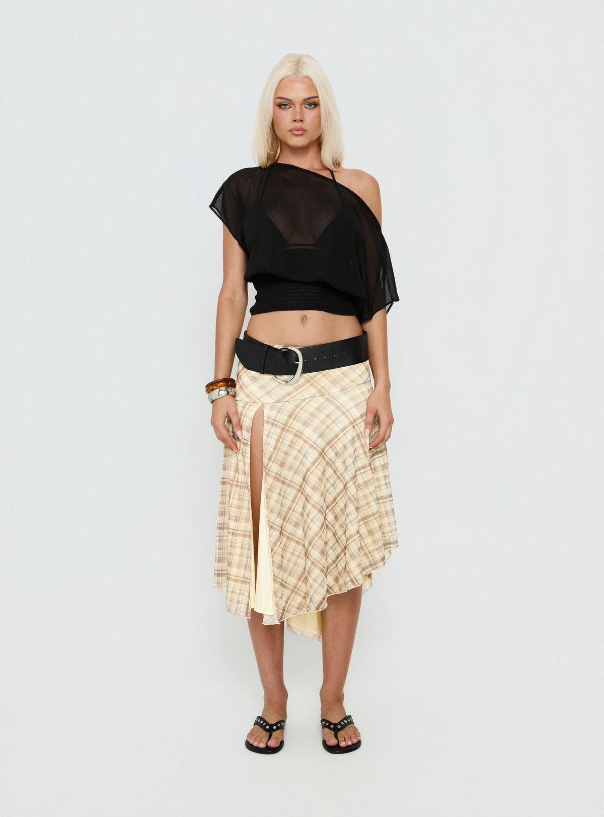   front view of model wearing Princess Polly Dulciana High Split Asymmetrical Midi Skirt Multi Check Midi Skirts 
