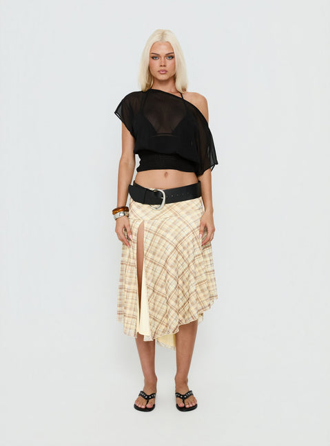   front view of model wearing Princess Polly Dulciana High Split Asymmetrical Midi Skirt Multi Check Midi Skirts 