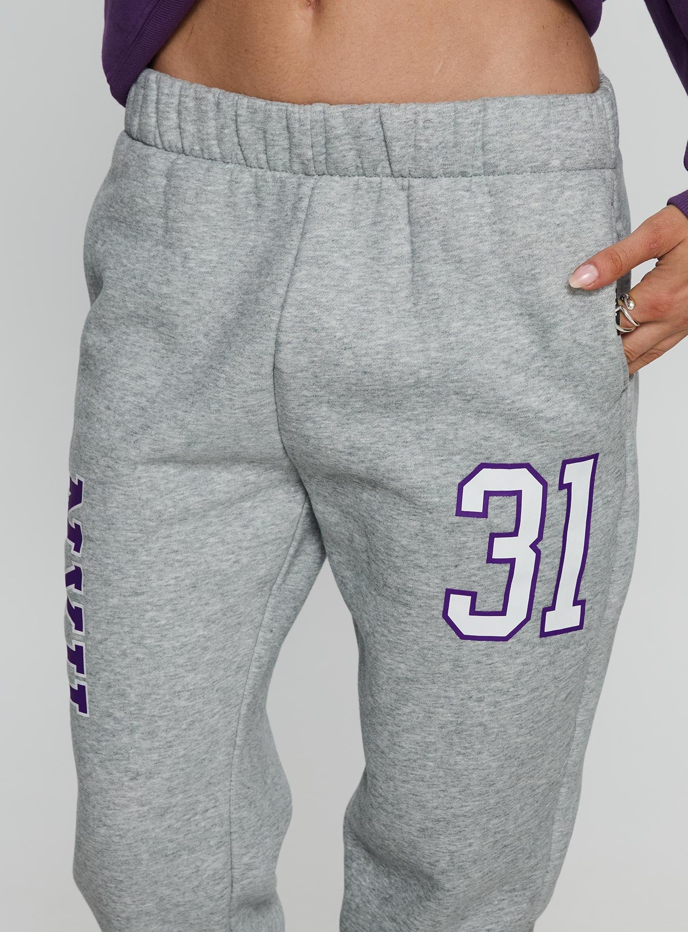 back view of model wearing Princess Polly NYU Basic Sweatpants Heather Grey Mid Rise Pants 