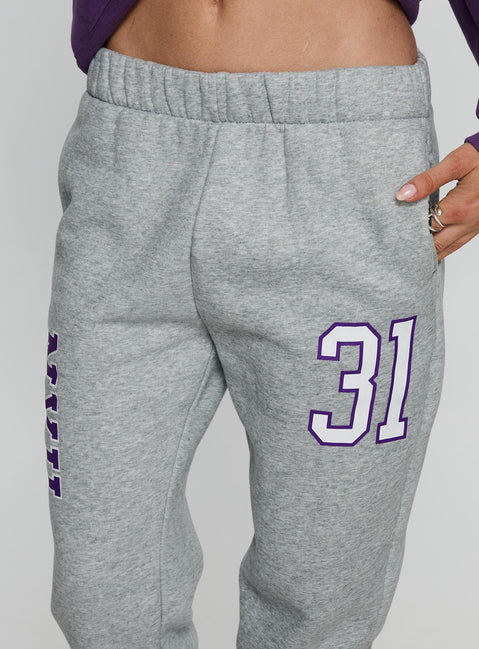back view of model wearing Princess Polly NYU Basic Sweatpants Heather Grey Mid Rise Pants 