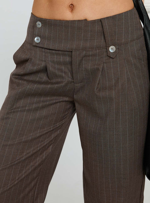side view of model wearing Princess Polly Briellea Thick Waistband Pant Pinstripe Low Rise Pants 