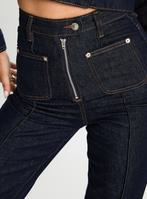 back view of model wearing Princess Polly Stallion Straight Leg Jeans Indigo High Waisted 