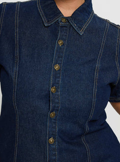 back view of model wearing Princess Polly Perception Denim Mini Dress Mid Wash Curve V-Neck 