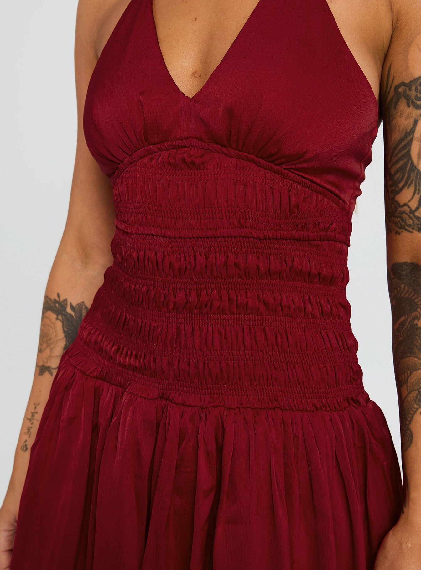 front view of model wearing Princess Polly Mariachi Mini Dress Red V-Neck 