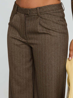 back view of model wearing Princess Polly Broadcast Pants Beige Pinstripe Low Rise Pants 