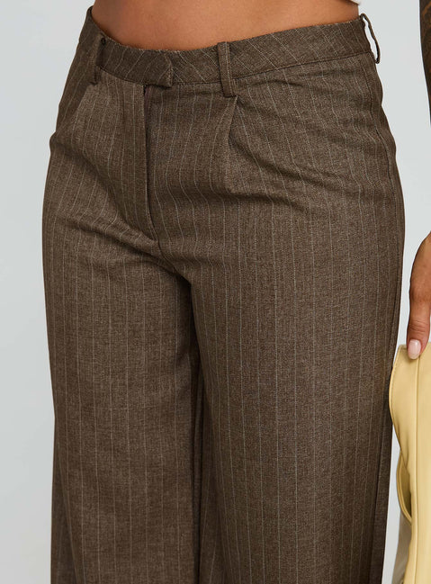 back view of model wearing Princess Polly Broadcast Pants Beige Pinstripe Low Rise Pants 
