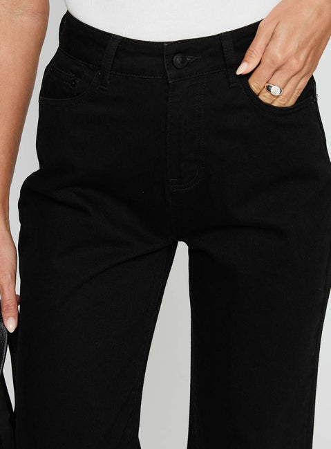 back view of model wearing Princess Polly Henesey High Rise Straight Leg Jeans Jet Black High Rise Jeans 
