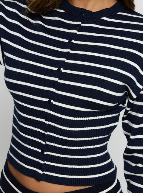 back view of model wearing Princess Polly Head In The Clouds Cardigan Navy Stripe Cropped 