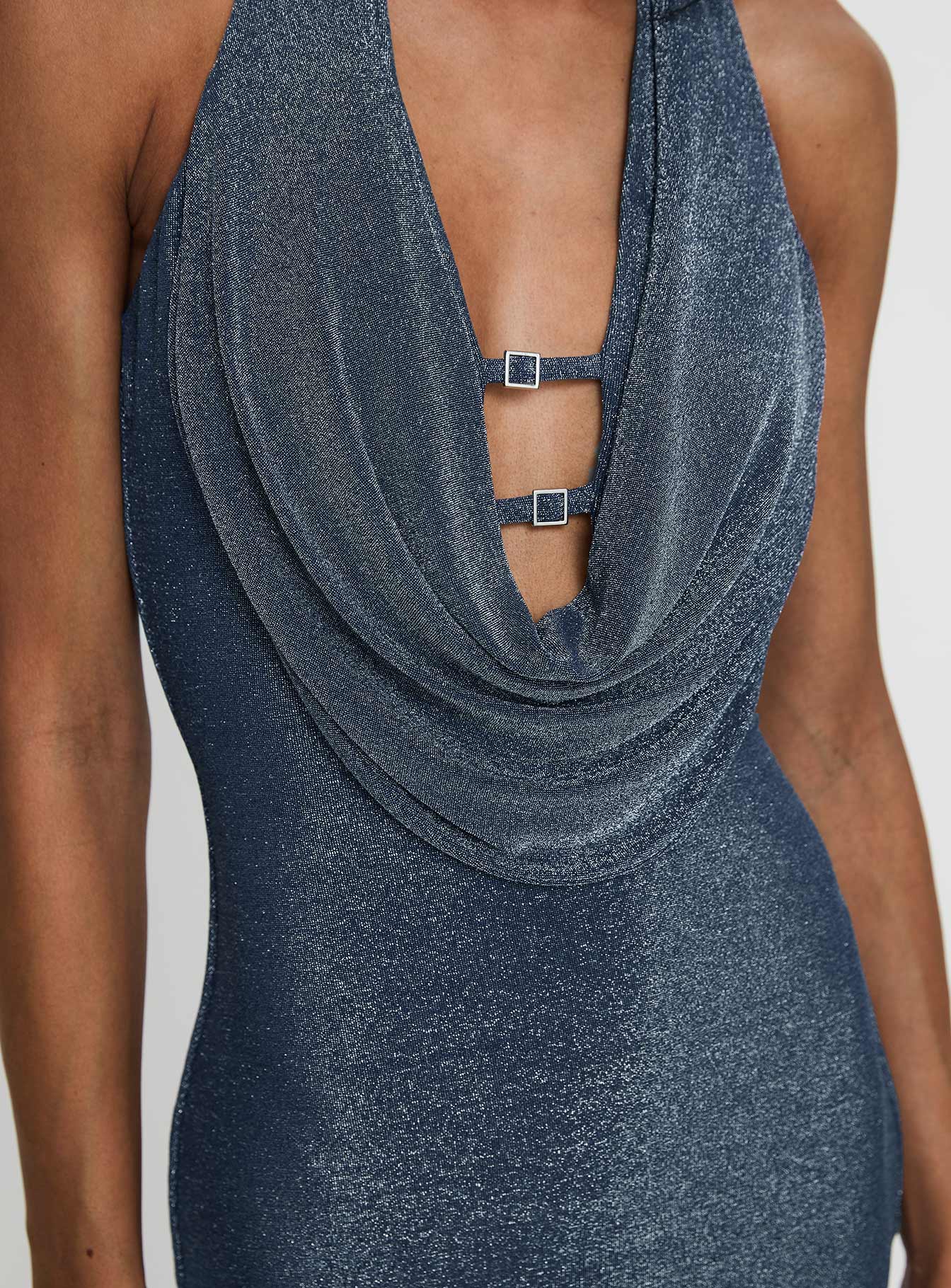 back view of model wearing Princess Polly Big Deal Halter Mini Dress Blue Glitter Cowl Neck 