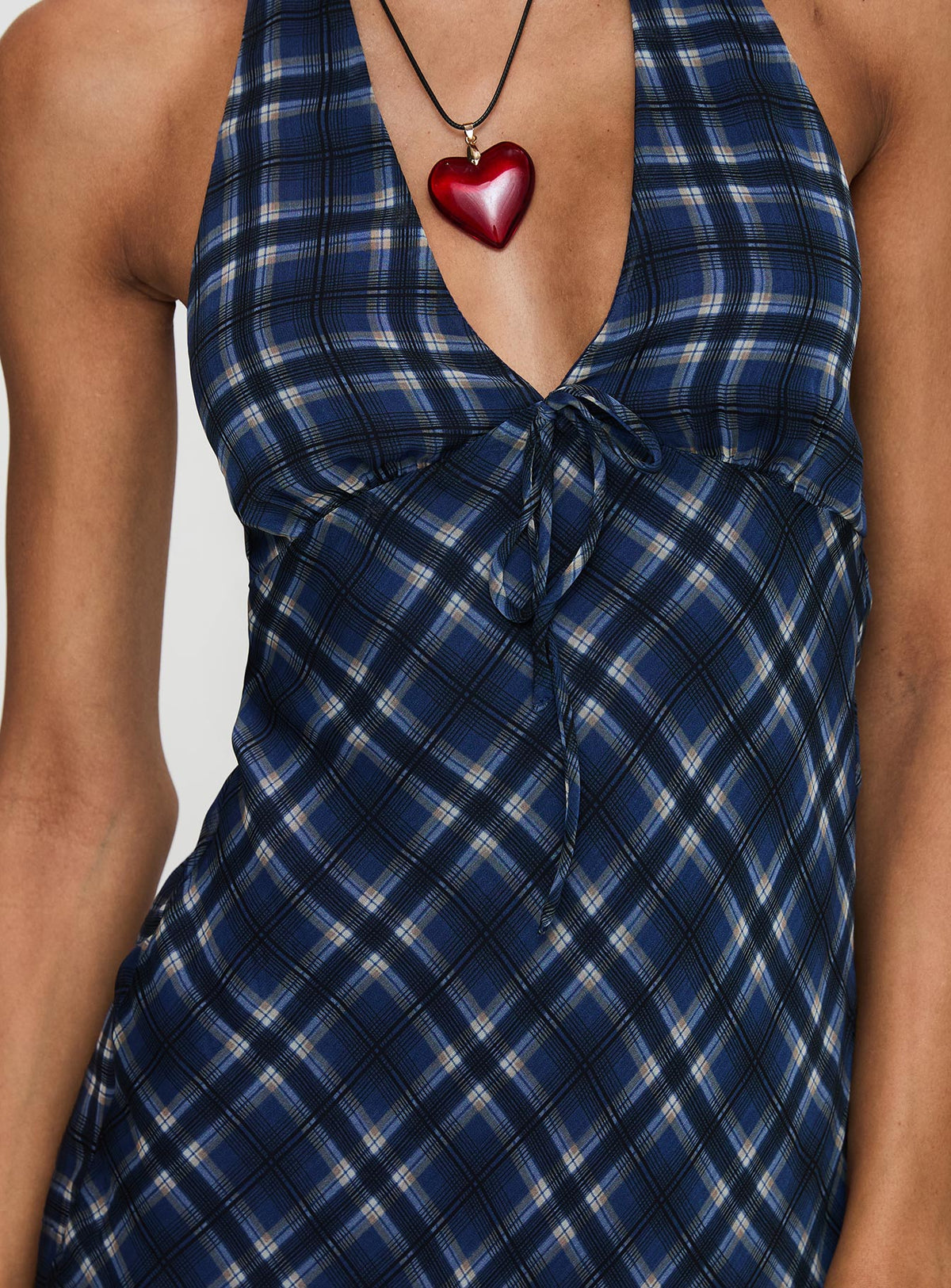 back view of model wearing Princess Polly Laraline Halter Mini Dress Navy Check Plunger 