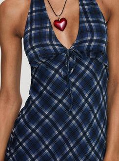 back view of model wearing Princess Polly Laraline Halter Mini Dress Navy Check Plunger 