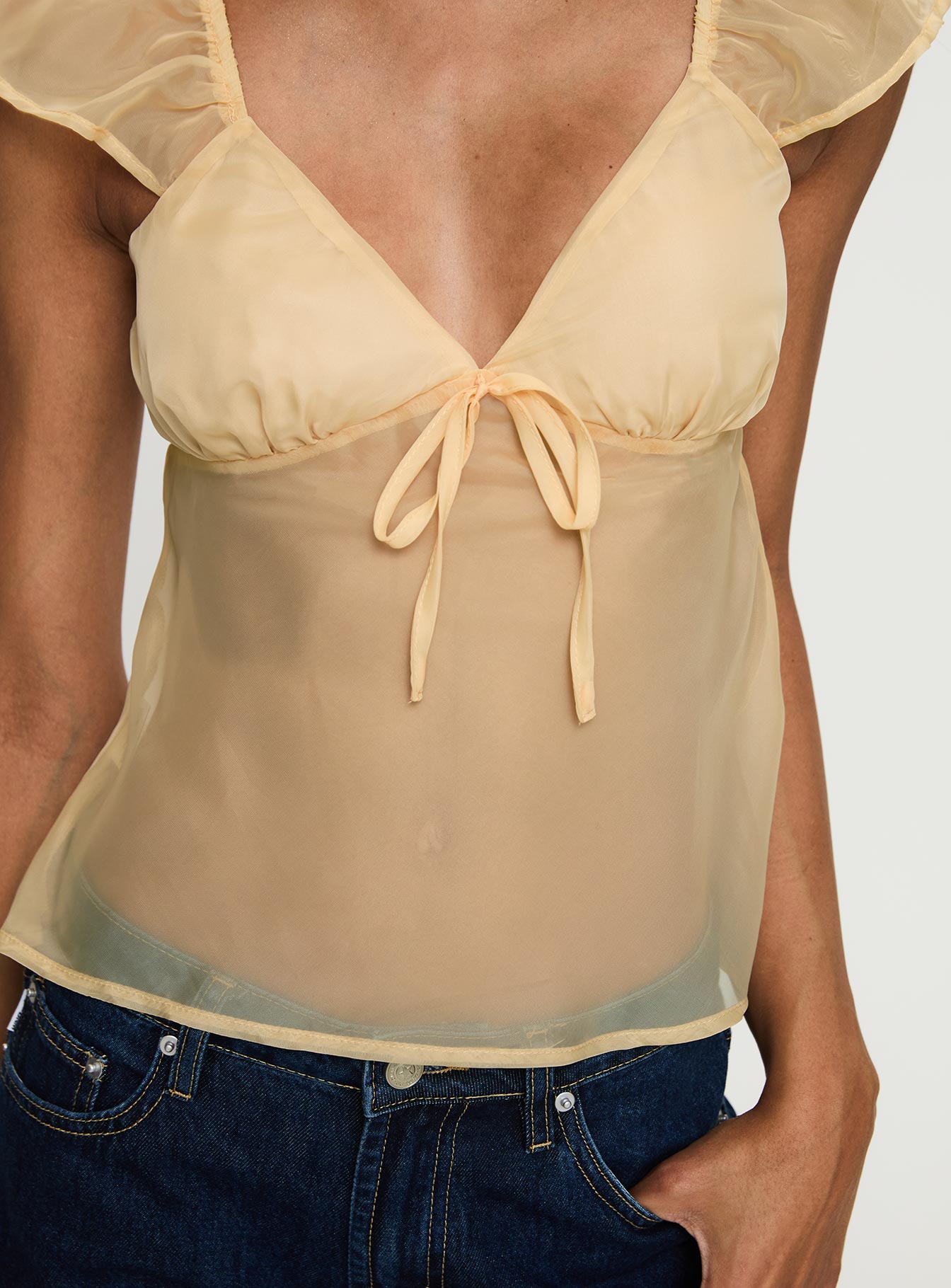 back view of model wearing Princess Polly Keysia Cap Sleeve Sheer Top Apricot Short Sleeves Plunger 