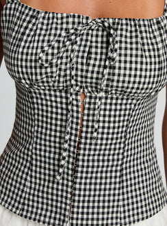 back view of model wearing Princess Polly Modern Girl Top Black Gingham Sleeveless Square Neck 