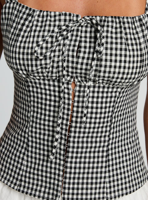 back view of model wearing Princess Polly Modern Girl Top Black Gingham Sleeveless Square Neck 