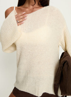 front view of model wearing Princess Polly Delyn Off Shoulder Slouchy Knit Sweater Cream Longline Jumpers 