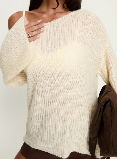 front view of model wearing Princess Polly Delyn Off Shoulder Slouchy Knit Sweater Cream Longline Jumpers 