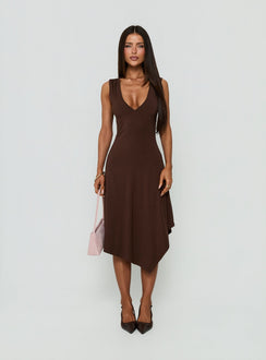 Louisia V Neck Hanky Hem Midi Dress Brown