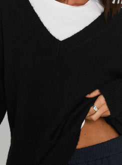 back view of model wearing Princess Polly Stay The Night V Neck Knit Sweater Black 