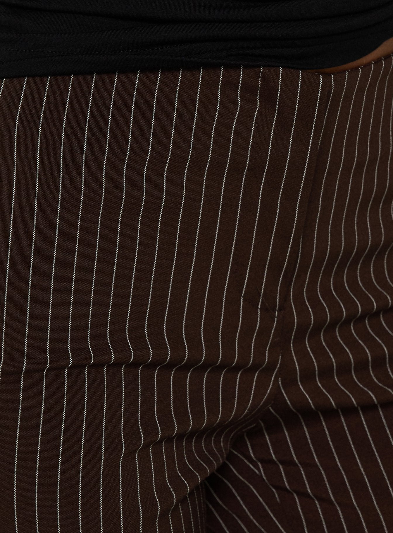 Presented with the Kinkirk No Waist Flared Pants Chocolate Pinstripe womens regular pants featuring mid-rise detail product Princess Polly