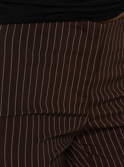 Presented with the Kinkirk No Waist Flared Pants Chocolate Pinstripe womens regular pants featuring mid-rise detail product Princess Polly
