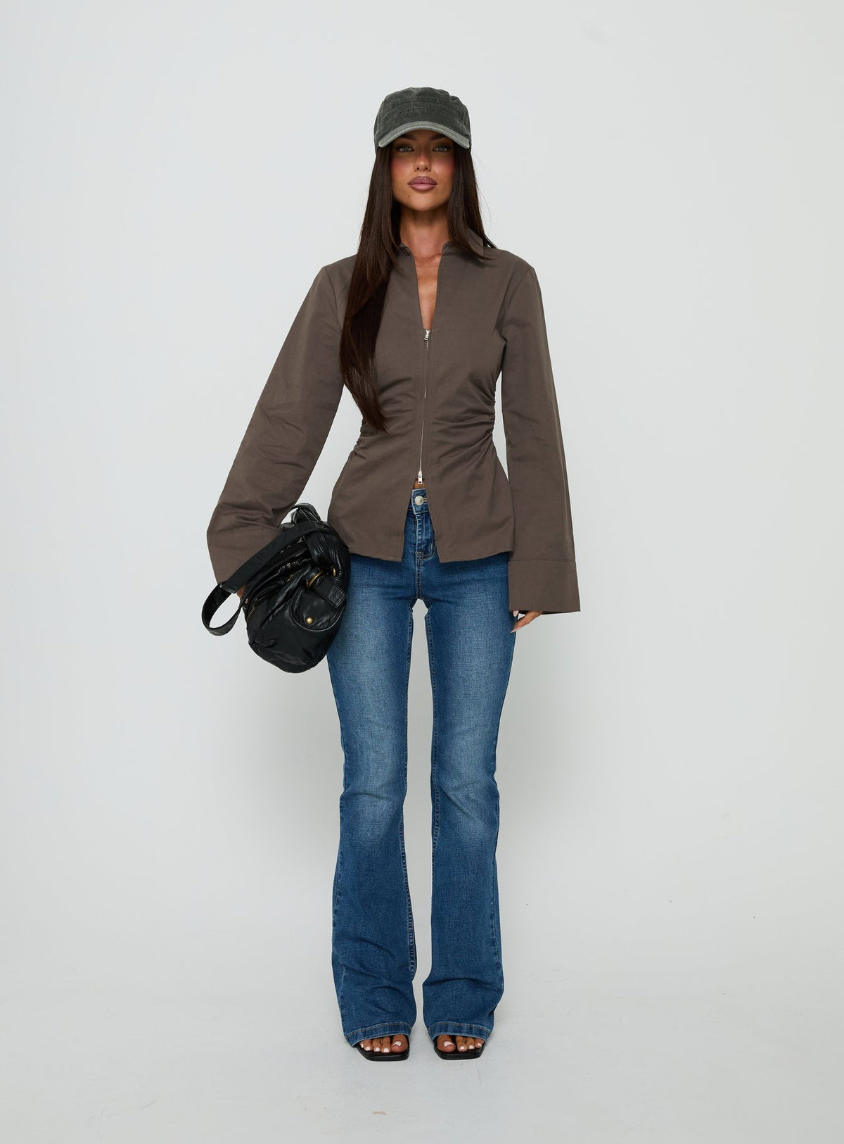 Delvira Cinched Long Sleeve Top Charcoal