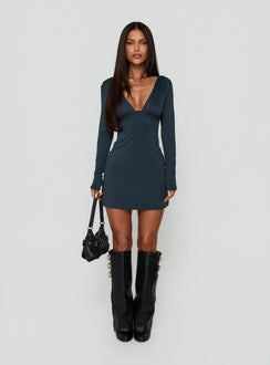 Cleopetra V Neck Long Sleeve Scoop Back Mini Dress Charcoal