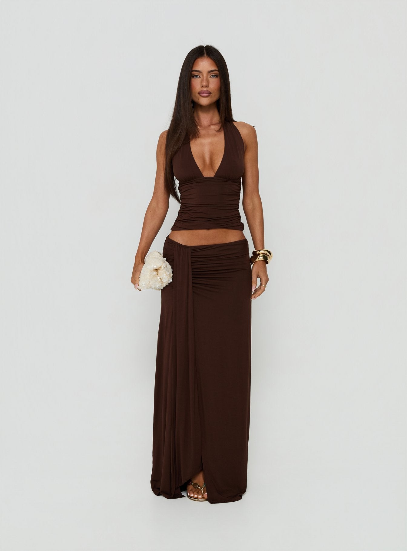 Showcasing the Keerah Ruched Maxi Skirt Brown in womens-skirts with maxi length front view of model wearing Princess Polly