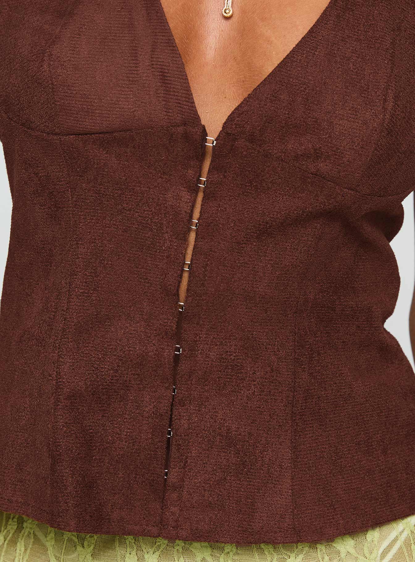 back view of model wearing Princess Polly Movie Stars Faux Suede Halter Top Brown Sleeveless Plunger 