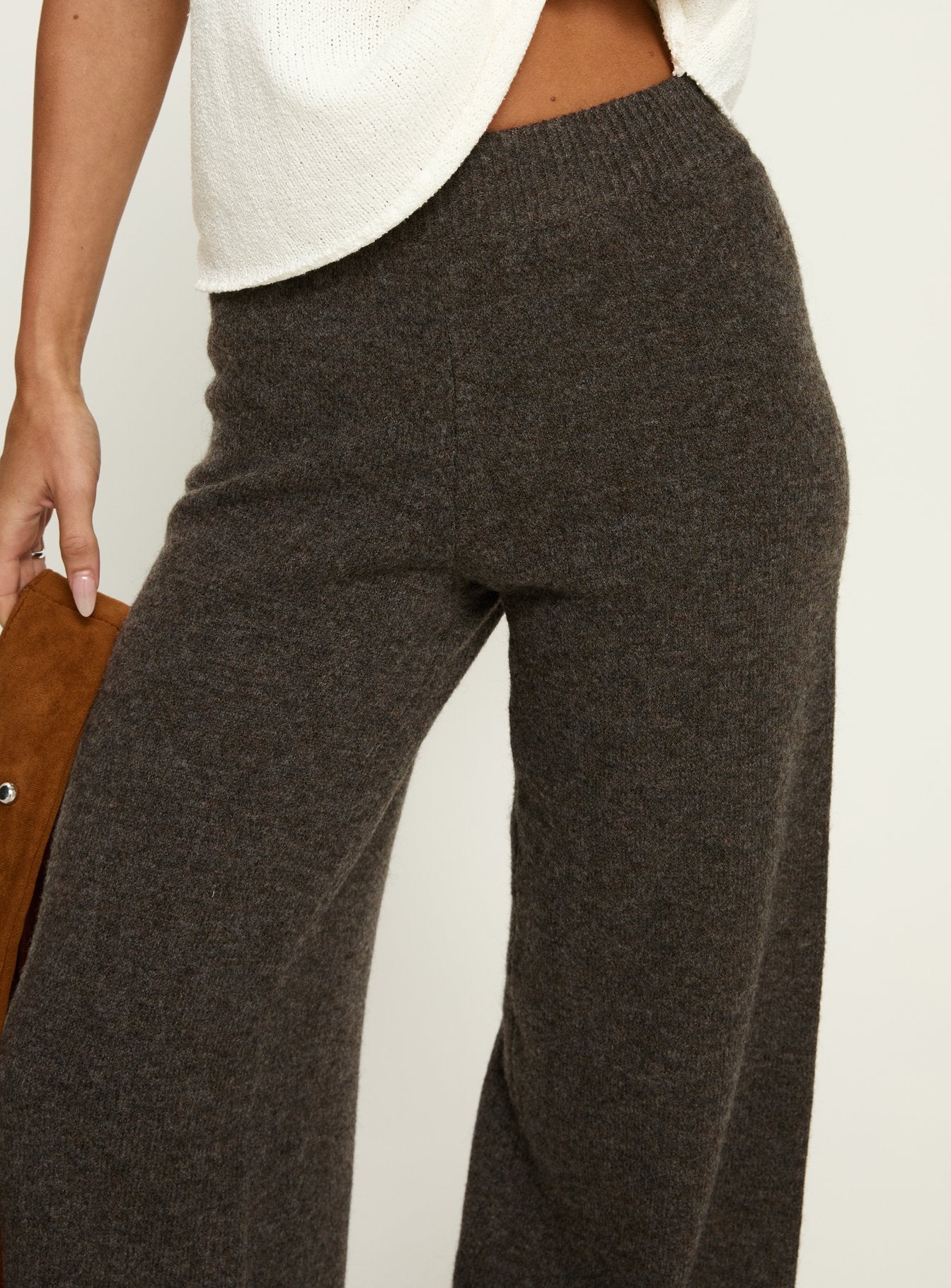 back view of model wearing Princess Polly Karee Knit Pants Brown High Rise Pants 