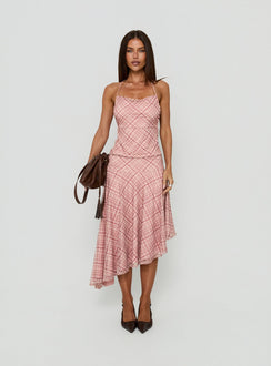 Showcasing the Waverlee Asymmetrical Midi Skirt Pink Check in womens-skirts category with fitted and ruched details front view of model wearing Princess Polly
