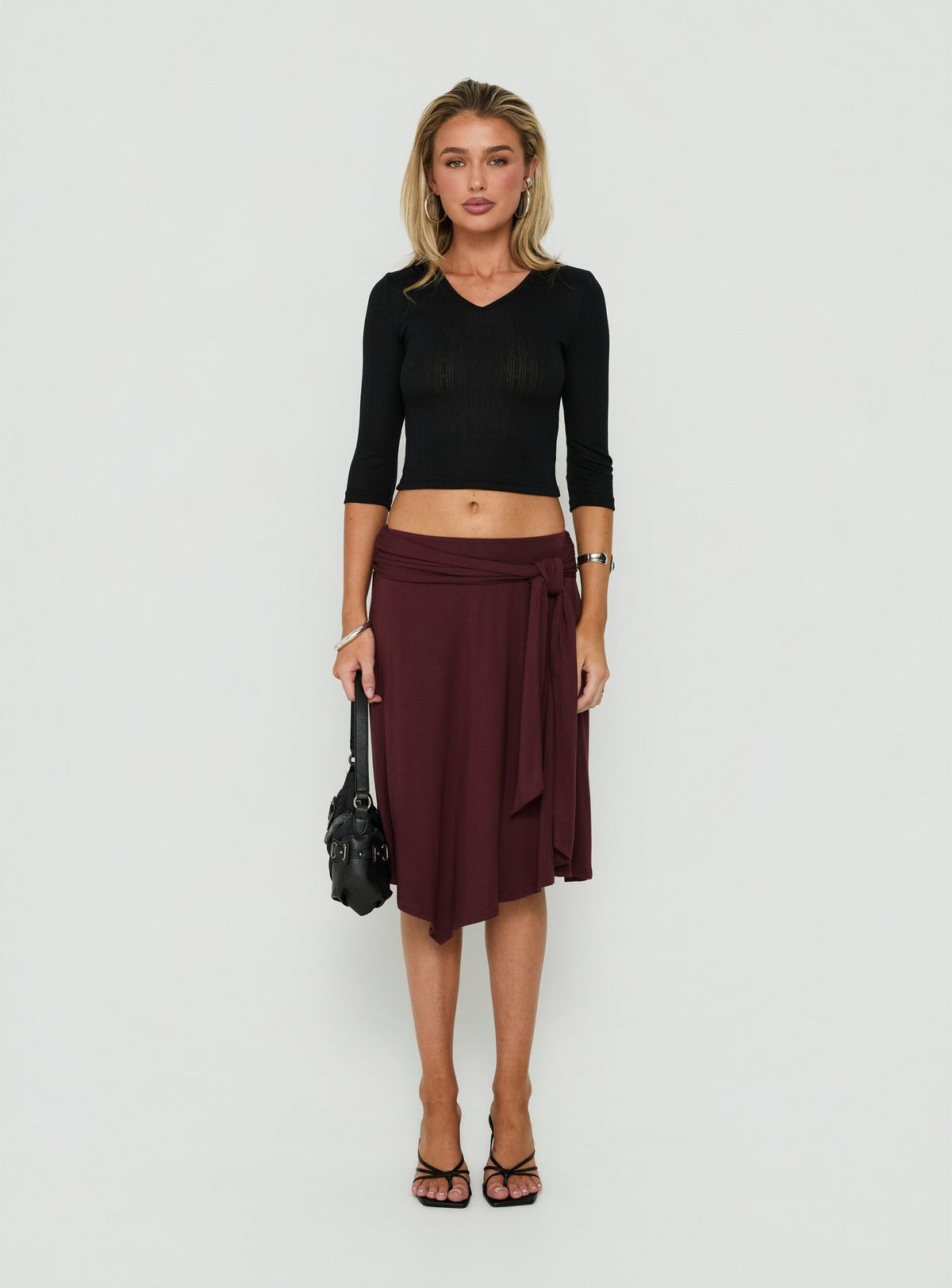 Soft Focus Tie Waist Midi Skirt Plum Noir