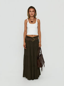 Showcasing the Mya Maxi Skirt Chocolate in womens-skirts with relaxed fit and layered details front view of model wearing Princess Polly