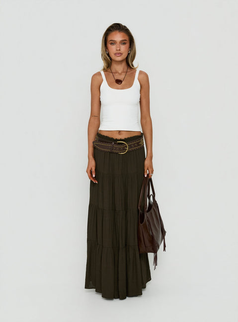 Showcasing the Mya Maxi Skirt Chocolate in womens-skirts with relaxed fit and layered details front view of model wearing Princess Polly