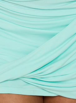Designed with ruched texture the Dawn Light Asymmetric Layered Mini Skirt in aqua womens-skirts Princess Polly