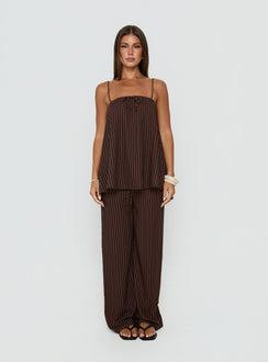 Showcasing Amibella Mid Rise Wide Leg Pants Brown / Cream Stripe womens-regular-pants mid-rise front view of model wearing