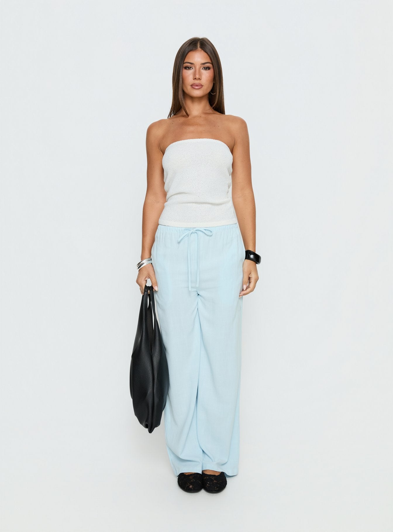 front view of model wearing Princess Polly Parklea Pants Icy Blue High Rise Pants 